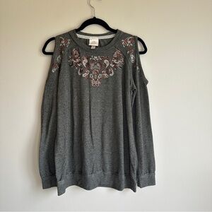 Knox Rose Gray Cold Shoulder Sweatshirt Sequin Embroidered Neckline S